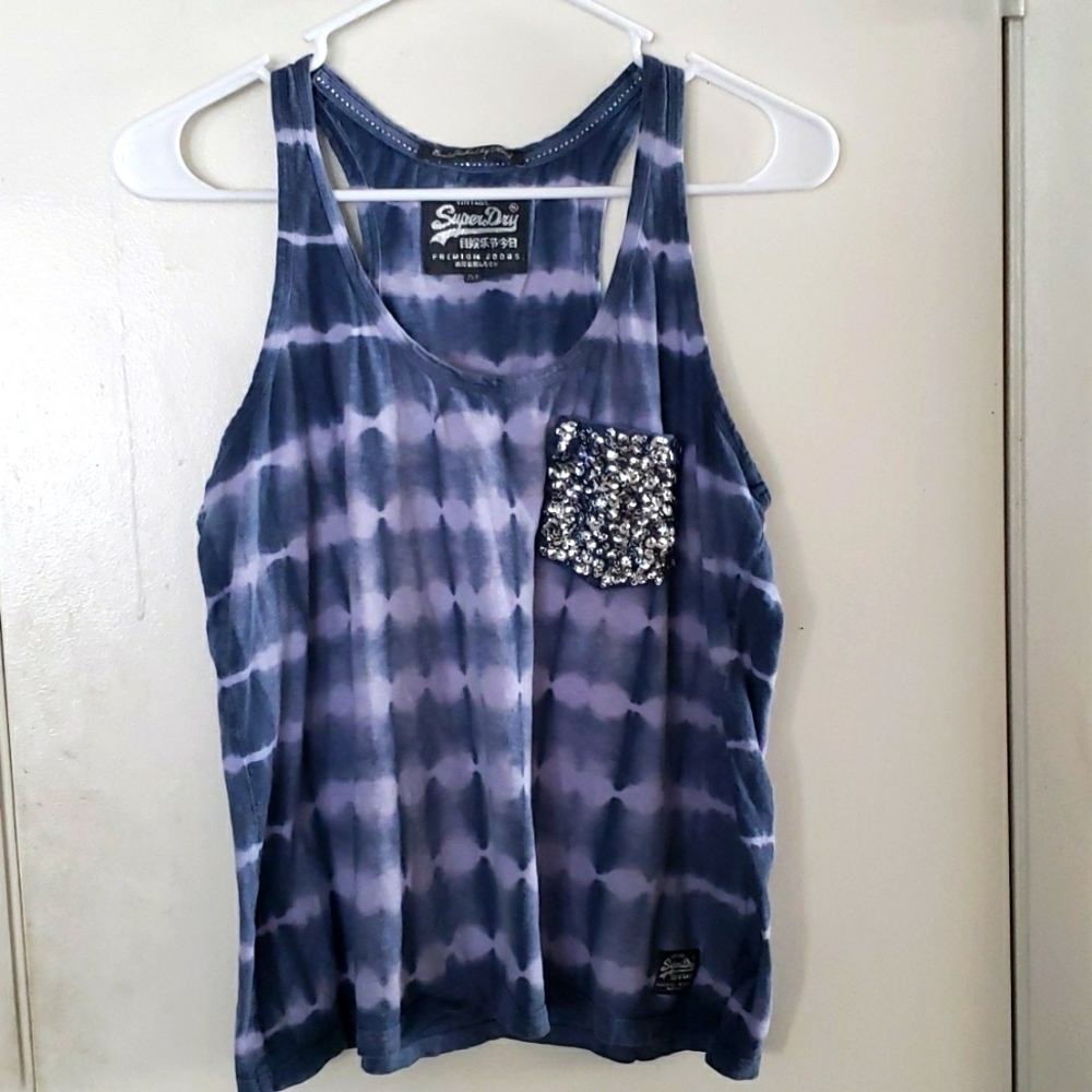 Superdry Gray & White Tie Dyed Racerback Vest Tank with Sequin Pocket SZ M